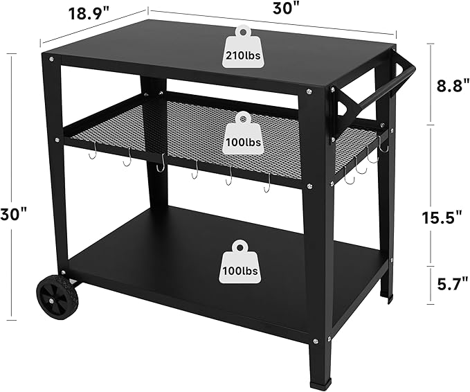 Black Outdoor Grill Cart with Wheels, Heavy-Duty 3-Tier BBQ Prep Table for Pizza Oven, Griddle, Patio – Rustproof Commercial Kitchen Cart with Tool Hooks-Ruum Studio Home