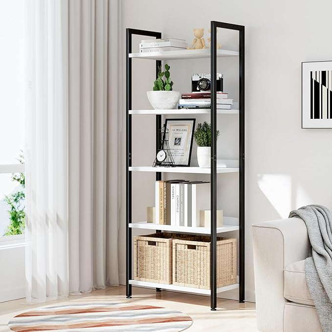 NUMENN Bookshelf, 5 Tier Bookshelves, Home Office Bookcase Shelf Storage Organizer, Free Standing Storage Shelving Unit for Bedroom, Living Room and Home Office, White&Black-Ruum Studio Home