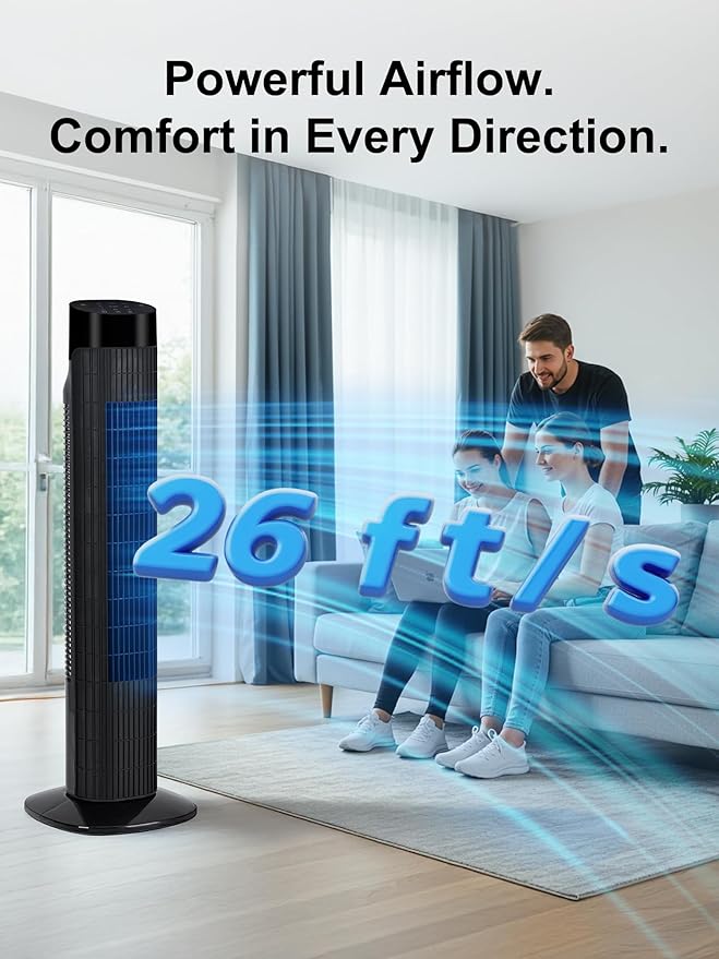 Uthfy 31 Inch Tower Fan for Bedroom, 120° Oscillating Quiet Standing Bladeless Fan With Remote, 7.5H Timer, 3 Speeds, 3 Modes, for Room, Dorm, Office, Black-Ruum Studio Home