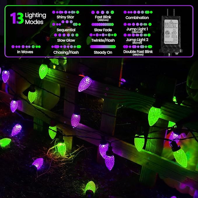 Extendable Purple and Green 2PK 100 LED C9 Halloween Lights Indoor Outdoor Waterproof, 98FT Super Bright C9 String Lights 13 Modes with Timer for Tree Patio Party Garden Halloween Decorations-Ruum Studio Home