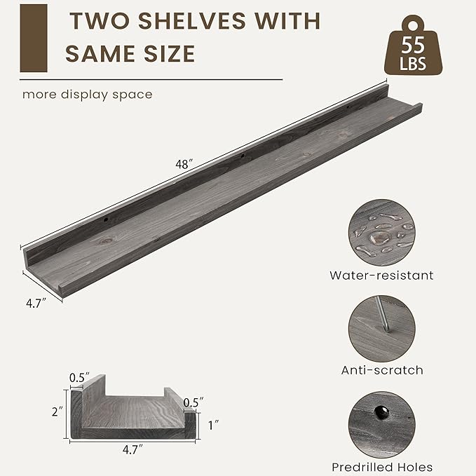 Floating Shelves for Wall, Picture Ledge Shelf 48 Inch Solid Wood Set of 2, Rustic Wall Shelves with Lip, Kids Bookshelf, Photo & Picture Live Edge Floating Shelves for Bedroom, Living Room, Kitchen-Ruum Studio Home