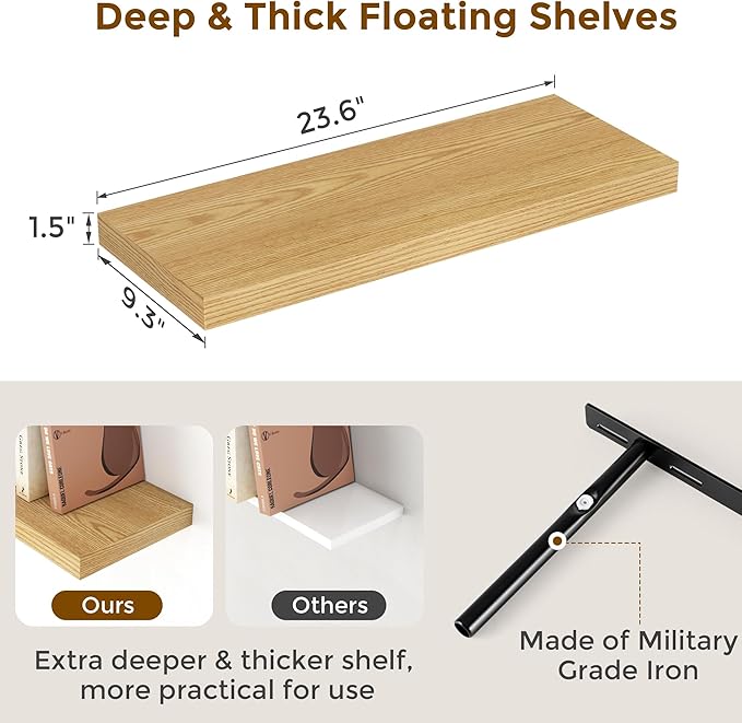 24 x 9 Floating Shelves, 9 Inch Deep Floating Shelf Wall Mounted, 24 Inch Bathroom Shelves Set of 2, Rustic Wood Wall Shelf for Bedroom, Living Room, Oak Color-Ruum Studio Home