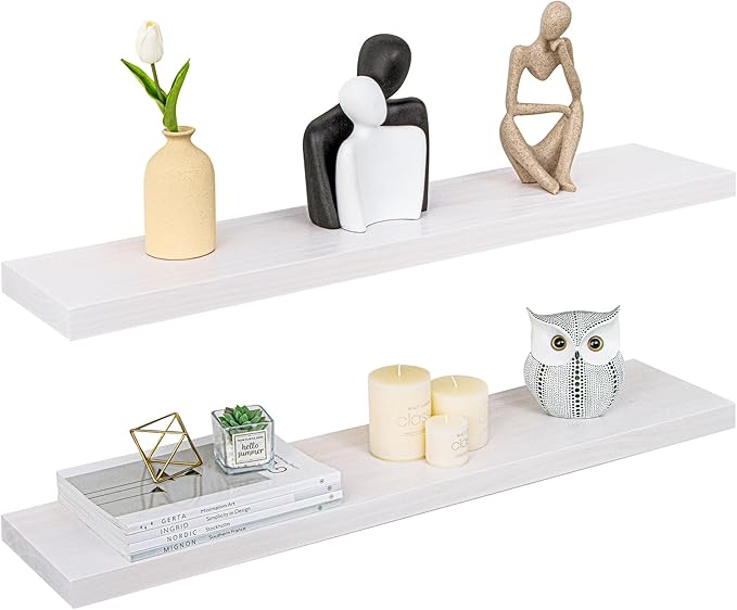 Floating Shelves 36 Inches Long - 8 Inch Deep Rustic Premium Solid Pine Wood for Storage - Farmhouse Wall Mounted for Living Room - Heavy-Duty Metal Bracket - 36" W x 8" D - Set of 2 - White Color-Ruum Studio Home
