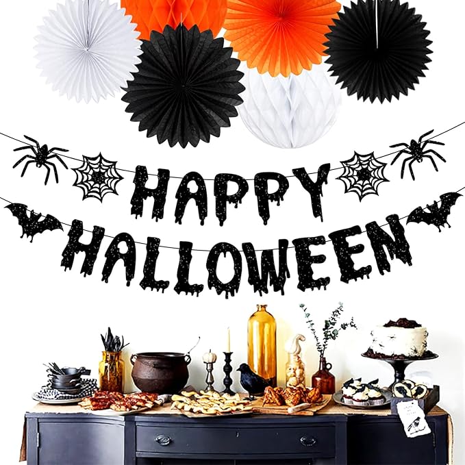 Orange Black Happy-Halloween Party Decorations - 13PCS Spider Web Bats Streamers Banner ,Paper Flowers Lanterns Tissue Pom Poms Fans, Classroom Birthday Bachelorette Hanging Supplies Decor Hugfond-Ruum Studio Home