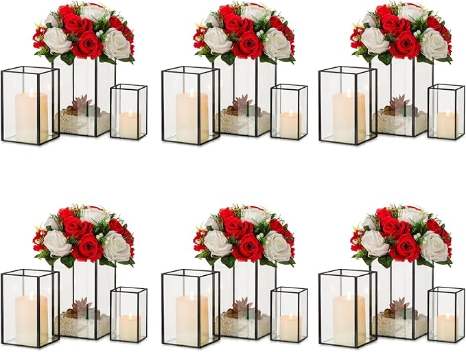 Glass Hurricane Candle Holder Large - Hewory 18pcs Black Rectangle Flower Holders Centerpiece for Table, Tall Floor Square Pillar Candle Lantern for Wedding, Anniversary, Party, Fireplace, Dining Room-Ruum Studio Home