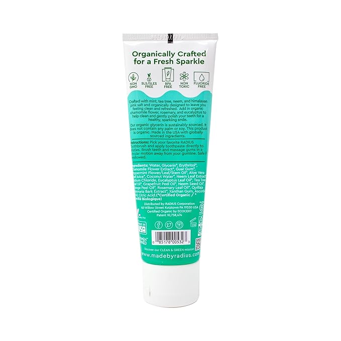 RADIUS Toothpaste, Mint Aloe Neem, 3 oz, USDA Organic Non-Toxic Chemical-Free Gluten-Free, Designed to Improve Gum Health & Prevent Cavities, Pack of 1-Ruum Studio Home
