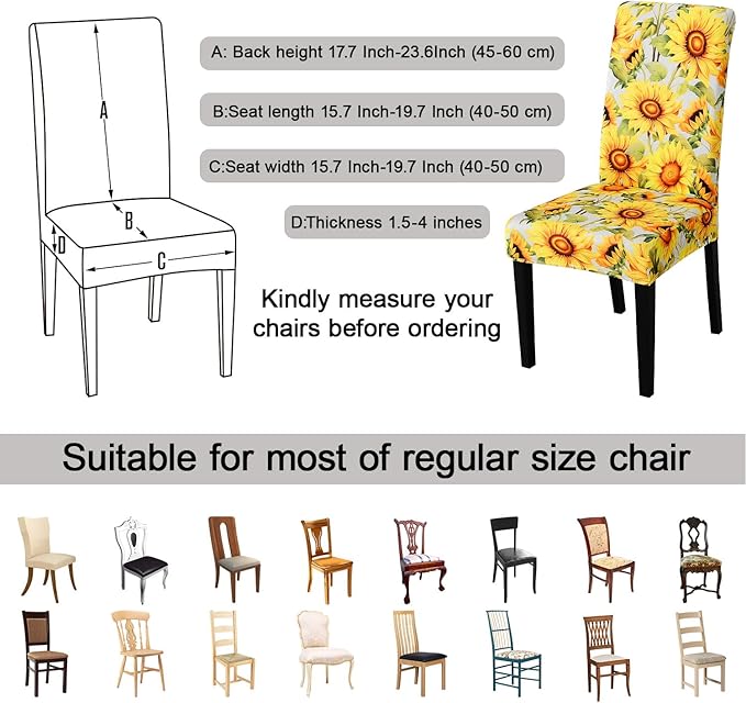 JQinHome Pattern Chair Covers for Dining Room Set of 6, High Stretch Removable Washable Parsons Chair Slipcover for Home Party Hotel Wedding Ceremony (Sunflower,6PCS)