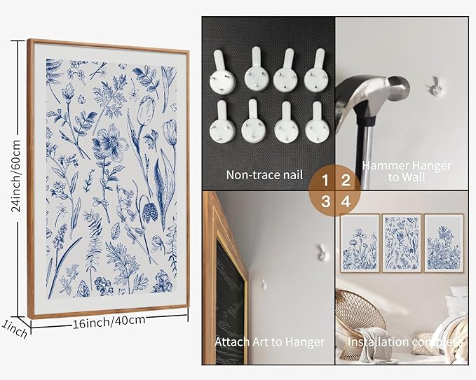 SIGNINART Classic Chinoiserie Botanical Framed Canvas Wall Art, Blue and White Floral Wall Decor, Minimalist Flower Artwork, Navy Blue Wildflower Art Painting for Bedroom Living Room Office 24"x36"x3-Ruum Studio Home