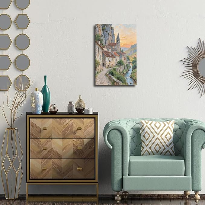 Small town scenery poster on the bank of the mountain stream is suitable for living room bedroom and office natural oil painting poster-Ruum Studio Home