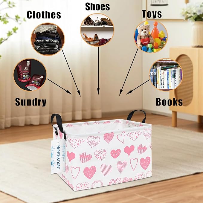 LANGYASHAN Rectangular Storage Bin Collapse Canvas Fabric Cartoon Storage Basket with Handles for Organizing Home Kitchen Boys and Girls Toys Office Closet Shelf Baskets (Rec Angel Heart)-Ruum Studio Home