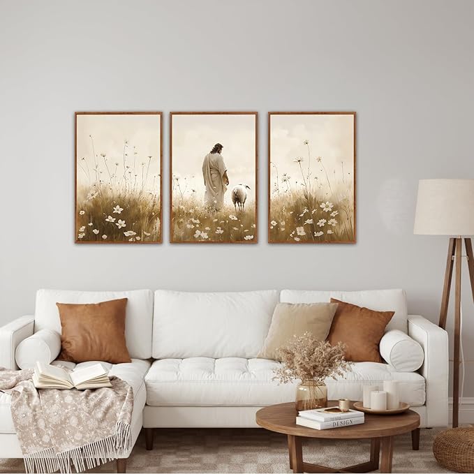 KAIRNE Jesus Framed Canvas Wall Art,Lost Sheep Wall Decor Set of 3(16”X24”),Holy Christian Art Print,Religious Scripture Pictures,Bible Renaissance Wall Painting for Living Room,Bedroom,Church Decor-Ruum Studio Home