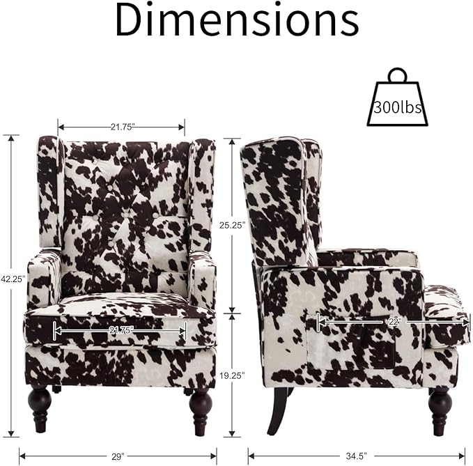 Mid-Century Accent Chair, Upholstered Arm Chair Linen Fabric Side Chair with High Back Solid Wooden Legs, Comfy Reading Chair for Living Room Bedroom, Milk Cow-Ruum Studio Home