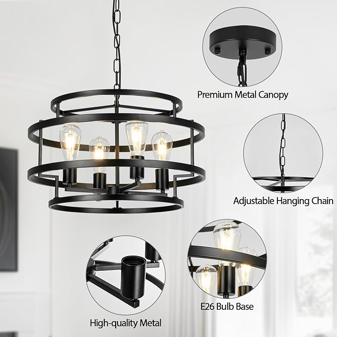 4-Light Black Chandelier for Dining Room, 19.7" Modern Farmhouse Pendant Light with Geometric Metal Frame, Industrial Flush Mount Ceiling Light for Living Room, Bedroom, Kitchen Island, Hallway, Foyer-Ruum Studio Home
