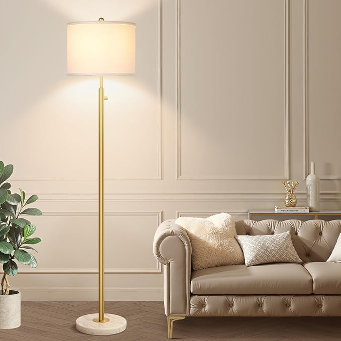 【Upgraded】Dimmable Gold Floor Lamps for Living Room, 11W LED Bulb Included, Modern Standing Lamp with Marble Base, Tall Pole Light with White Linen Shade for Bedroom Reading Office Corner Nursery-Ruum Studio Home