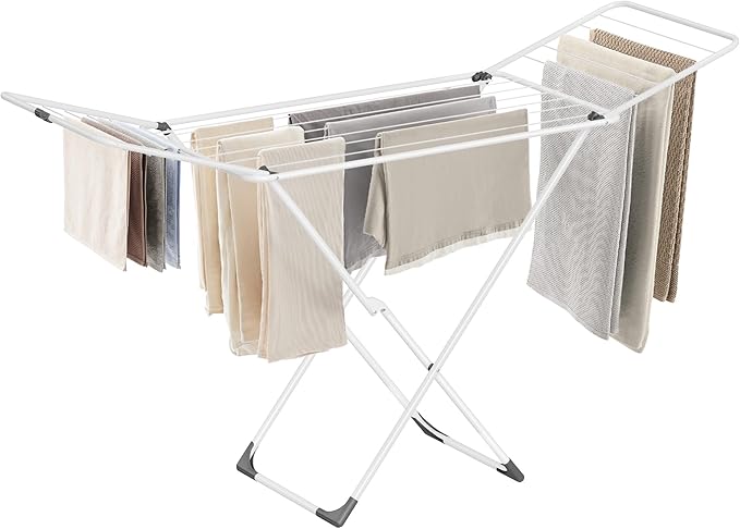 SONGMICS Clothes Drying Rack, Metal Laundry Drying Rack, Foldable, Space-Saving, Free-Standing Airer, with 2 Gullwings, Indoor Outdoor Use, Bed Linen Clothing, White ULLR540W01-Ruum Studio Home