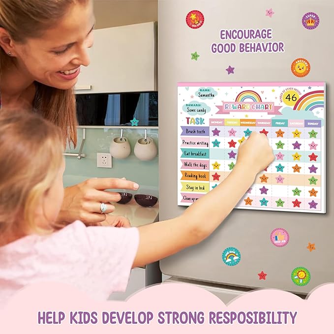 Reward Chart for Kids,Magnetic Behavior Chore Chart for Kids at Home,26 Rainbow White Chore Charts,1960 Star Stickers,56 Reward Stickers,Incentive Chore Chart to Develop Responsibility and Good Habits-Ruum Studio Home