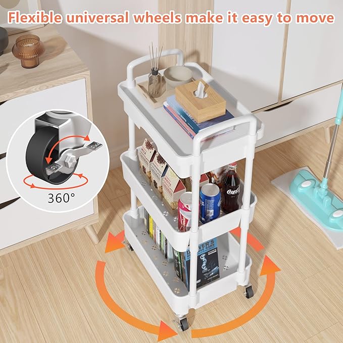 Calmootey 3-Tier Rolling Utility Cart with Drawer,Multifunctional Storage Organizer with Plastic Shelf & Metal Wheels,Storage Cart for Kitchen,Bathroom,Living Room,Office,White-Ruum Studio Home