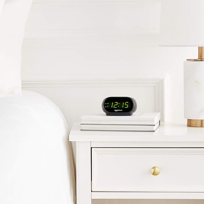 Amazon Basics Small Digital Oval Alarm Clock With LED Display, Nightlight & Battery Backup, Black, 4.5 x 3.5 x 2.4 Inches-Ruum Studio Home