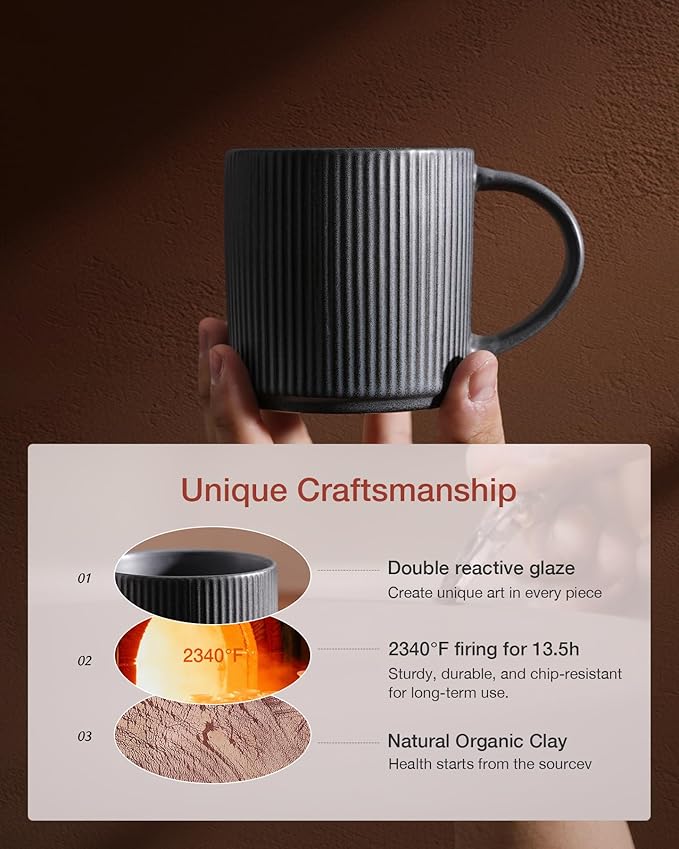 famiware Coffee Mug Set for 6, Star 12 oz Catering Mugs Cup Set with Handle for Coffee, Tea, Cocoa, Milk - Ceramic Stoneware Drinkware Set, Matte Dark Charcoal-Ruum Studio Home