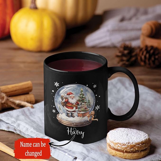 Custom Snow Ball Design Mug With Name, Personalized Black Cup 11oz 15oz, Snow Ball With Santa Claus And Christmas Tree Inside Design, Customized Christmas Themed Coffee Cup-Ruum Studio Home