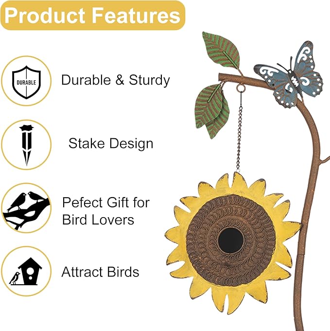 BAYN 57” Bird Houses Stake for Outside, Metal Wild Bird Feeder Birdhouse Stake Pole with Sunflower Design Outdoor Decorations for Patio, Backyard, Garden-Ruum Studio Home