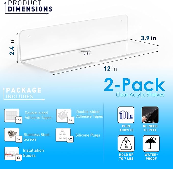 OAPRIRE Clear Acrylic Floating Shelves Set of 2 - Easily Expand Wall Space - 12 Inch Small Wall Shelf with Strong Adhesive for Bathroom, Bedroom, etc-Ruum Studio Home