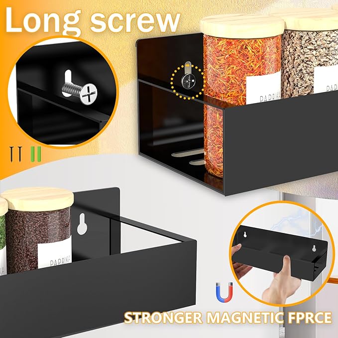 Magnetic Spice Rack Organizer for Fridge Seasoning Organizer for Kitchen storage with Screw or Adhesive Hanging,Magnetic Shelf with Hook for Refrigerator and Oven (6pack)-Ruum Studio Home