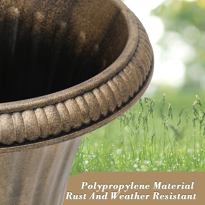 Athena Collection 20''H Garden Plastic Urn Vintage Tall Planter Urn Patio Large Flower Pot Porch Planter Large Planter for Indoor Outdoor Plant, Bronze-Ruum Studio Home