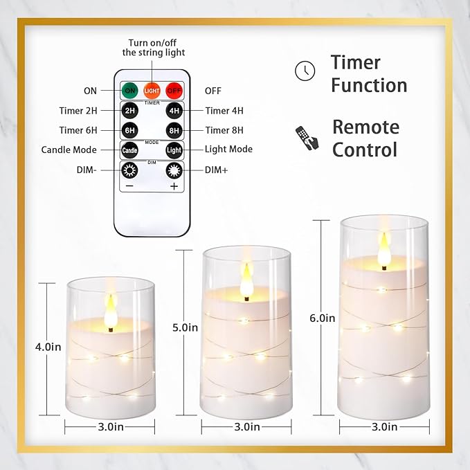 NURADA Flickering Flameless Candles: Built-in Star String Lights Acrylic 3D Wick Battery Operated LED Pillar Candles with Remote and Timer for Romantic Mood Home Decoration - 3 Pack Pure White-Ruum Studio Home
