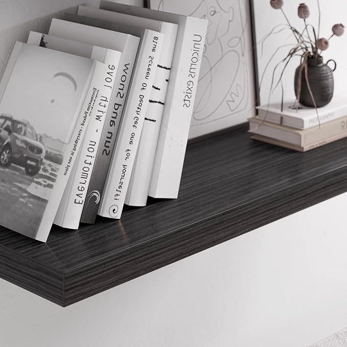 Floating Shelf, Set of 2 Wall Shelf, 24 in W x 12.75 in D x 2 in H Wooden Floating Wall Shelf with Invisible Brackets for Living Room/Bedroom/Bathroom/Kitchen Storage and Decor, Black Wood-Ruum Studio Home