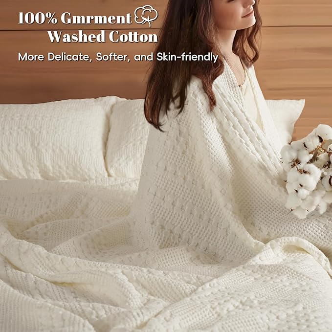 PHF 100% Cotton Waffle Weave Blanket King Size, Soft Lightweight Breathable Cozy Summer Blankets for Bed, Luxury Aesthetic Woven Bedding for Home Decor, 108"x90", Ivory-Ruum Studio Home