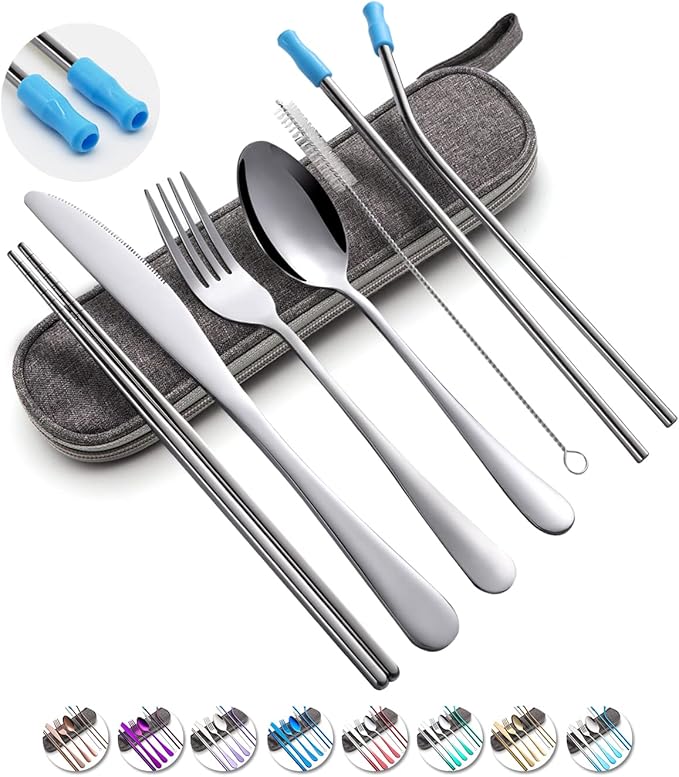 Travel Utensils Set with Case Reusable Portable Cutlery Set Stainless Steel 8pcs Including Dinner Knife Fork Spoon Chopsticks Straws(Silver)-Ruum Studio Home