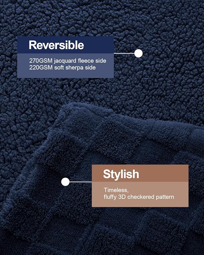 Pawque Super Soft Cozy Throw Blanket King Size for Couch Bed, Fluffy Sherpa Fleece Reversible Thick Warm Fuzzy Blanket for All-Season, 3D Checkered Jacquard Decorative Blankets, Navy Blue, 108"x90"-Ruum Studio Home
