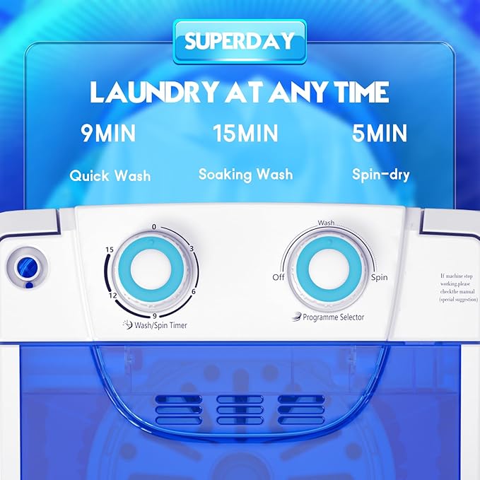 Superday Mini Portable Washing Machine, Single Tub Compact Washing Machine with Spin Cycle, 6.6LBS Washing Capacity Small Electric Washer Machine for Home, Apartments, Outdoor, RV, Dormitory, Blue-Ruum Studio Home