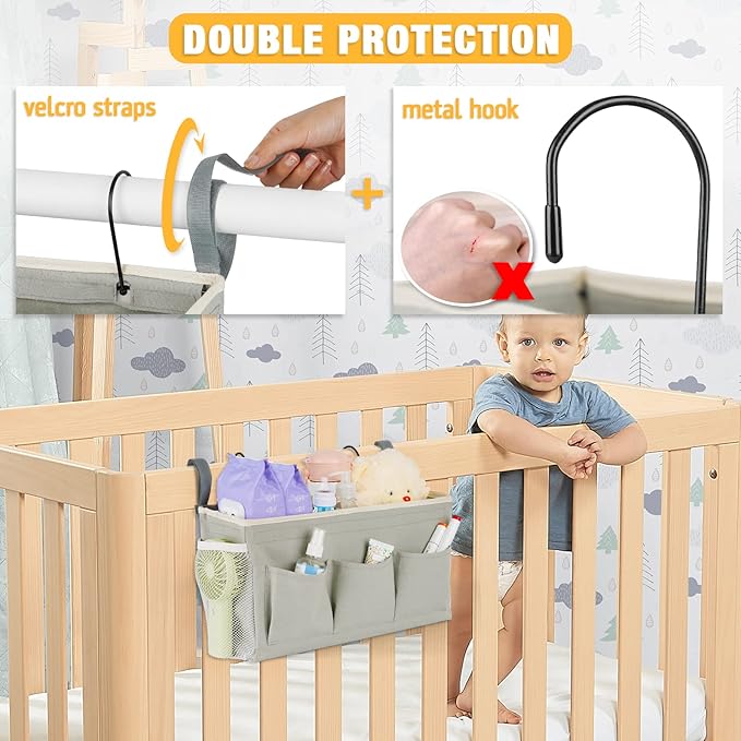 Bedside Caddy Organizer with Fixed Straps & Water Bottle Holder for Home, College Dorm, Bunk Bed, Hospital & Crib Bed Rails (2 pcs, Grey)-Ruum Studio Home