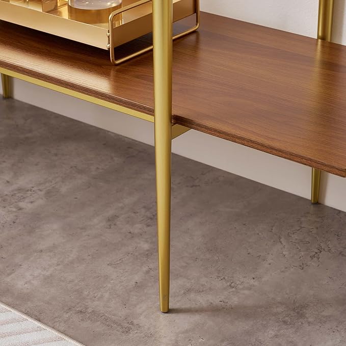 Extra Large Glass Console Table for Living Room, Foyer & Entrance, L47 x W16 x H31, Mid-Century Modern Sofa Table with Clear Glass Top, Walnut Finish Wood Top and Gold Finish Metal Frame-Ruum Studio Home