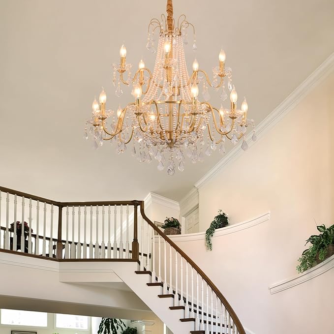 40" Large Brass Crystal Chandeliers,Gold Brushed Brass Chandelier for High Ceiling Living Room Dining Room Staircase Hallway Entryway Foyer(15-Light, Bulb Included)-Ruum Studio Home
