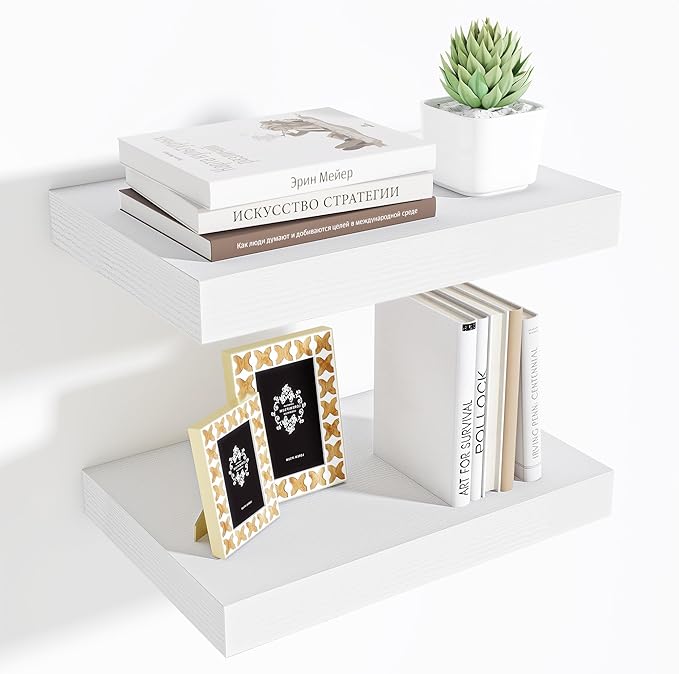 Fun Memories Wood Floating Shelves 16 Inch, 10 Inch Deep Shelves Wall Mount, Wall Shelves with Invisible Bracket, 16" Floating Shelves for Living Room Bathroom Bedroom, White, Set of 2-Ruum Studio Home
