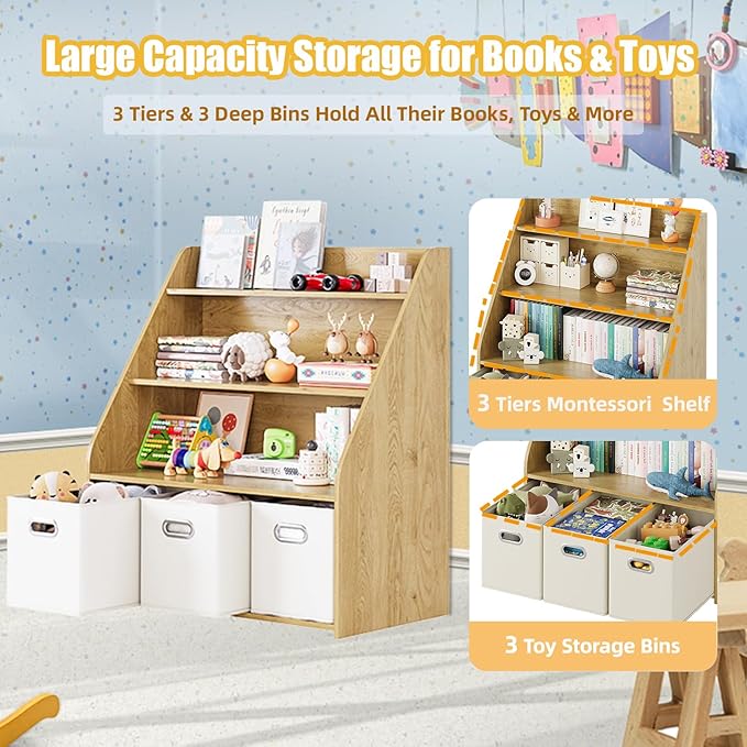 Kids Bookshelf and Toy Organizer, 3-Tier Toy Storage Organizer with 3 Movable Drawers, Montessori Toy Shelf, Nursery Book Shelves Toddler Bookshelf for Kids Room Living Room Nursery-Ruum Studio Home
