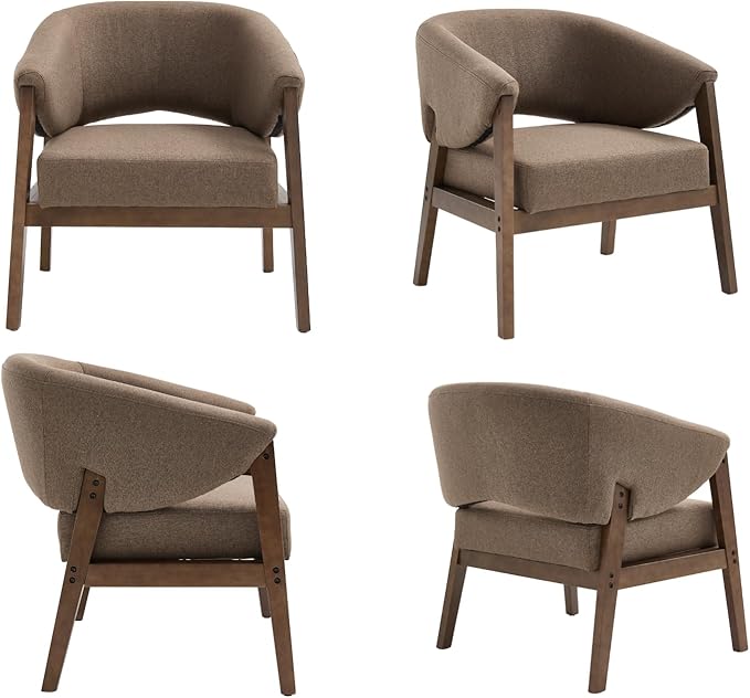 Mid-Century Modern Accent Chair, Comfy Barrel Armchair with Wide Seat, Upholstered Lounge Chair with Walnut Wood Legs for Living Room/Bedroom/Reading Corner, Linen Fabric, Brown, 1PC-Ruum Studio Home