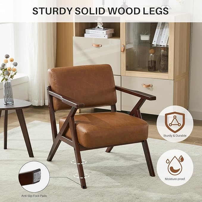 Mid-Century Modern Lounge Armchair - Genuine Brown Leather with Solid Wood X-Base Frame, Seat Cushion - for Living Room, Study, Balcony Retro Design, Brown Leather-Ruum Studio Home