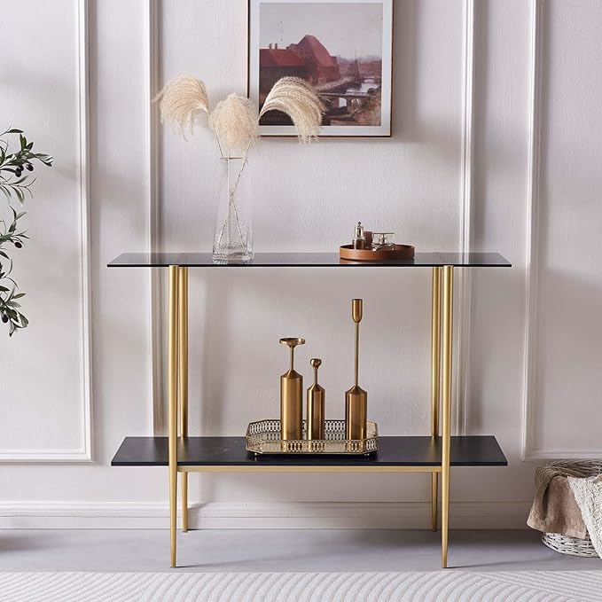 Glass Console Table for Living Room, Foyer & Entrance, 2-Tiers Mid-Century Modern Sofa Table with Grey Glass Top, Black Marble Finish Wood Shelf and Gold Finish Frame-Ruum Studio Home