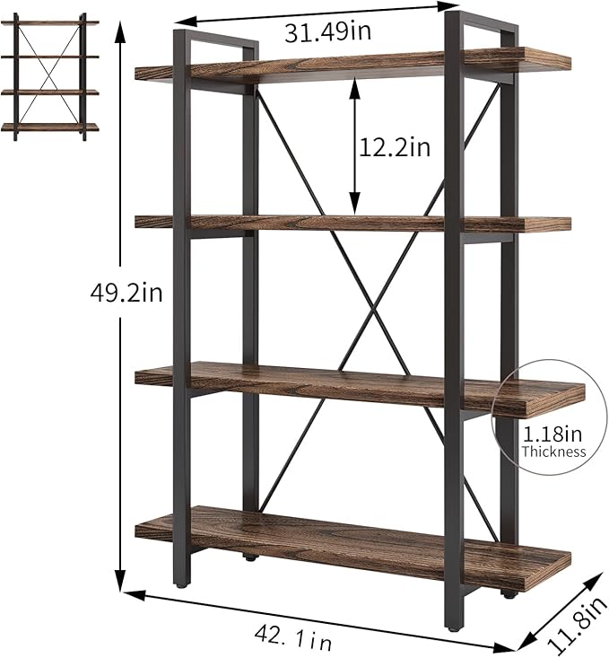 4 Tier Bookshelf Solid Wood Bookcase and Book Shelves Wood and Metal Shelving Rustic Open Bookshelf Office,Distressed Brown (AY-02-4Tier)-Ruum Studio Home