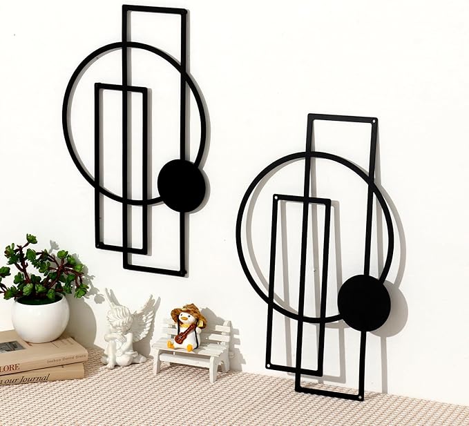 OYEFLY 2 Pcs Metal Abstract Wall Art,Modern Geometric Decor (Black, style 1)-Ruum Studio Home
