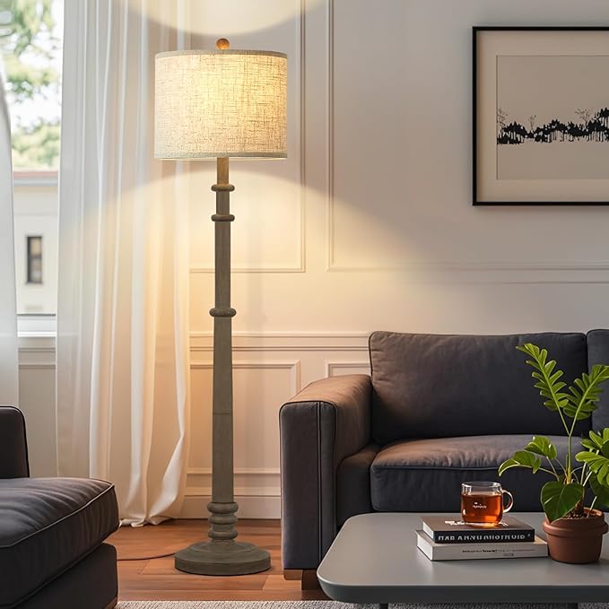 Floor Lamps for Living Room - 60" Resin Farmhouse Floor Lamp with 3 Color Temperatures - Vintage Standing Lamp Reading Light with Linen Shade Retro Tall Lamp for Bedroom Office, Grey-Ruum Studio Home