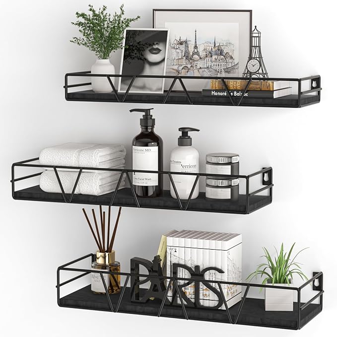 Floating Shelves Set of 3, Home Wood Wall Shelf, Farmhouse Shelf for Bedroom, Wall Mounted Floating Shelf for Living Room, Bedroom, Bathroom, Kitchen, Office (Black 2)-Ruum Studio Home