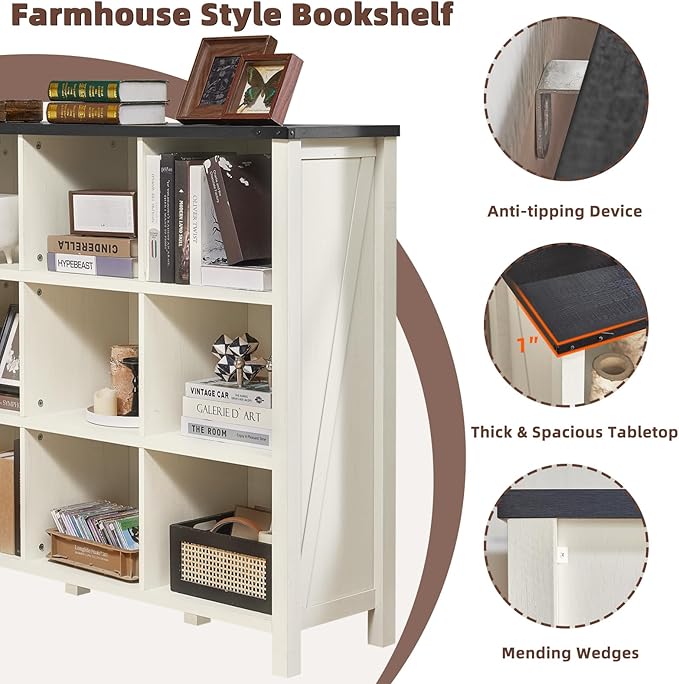 9 Cube Bookcase, Farmhouse 47 Inch Wide White Bookshelf, Wooden 3 Tier Display Large Open Book Shelf, Vintage Horizontal Book Case for Home Office, Cubby Storage Cabinet for Living Room-Ruum Studio Home