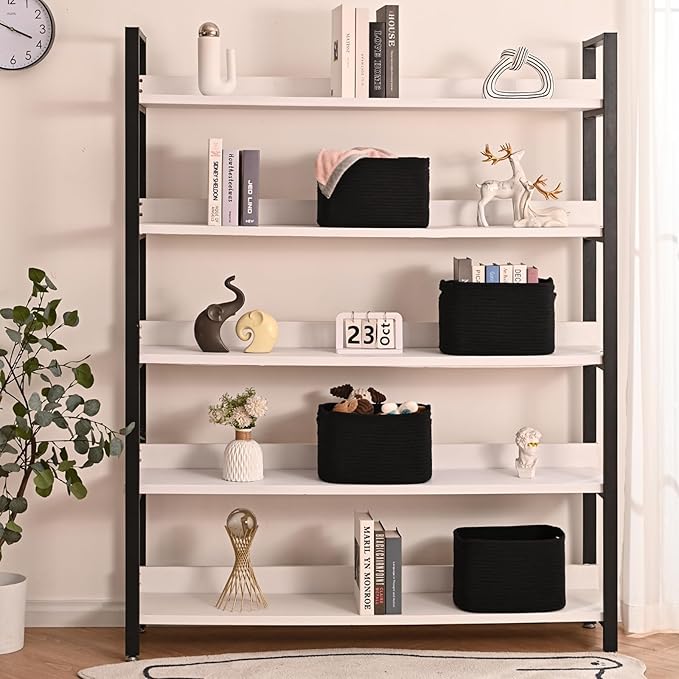 Black Storage Baskets for Shelves, Small Storage Baskets for Organizing, Woven Cotton Rope Baskets for Storage, Book Basket, Decorative Shelf Basket, 12.5"Lx9.1''Wx7.9''H (4 Packs) Black-Ruum Studio Home