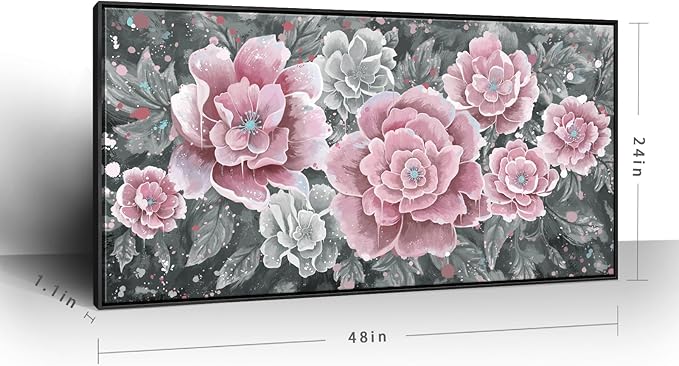 Large Pink Wall Art for Living Room- Pink and Black Peony Floral Canvas Wall Art Modern Framed Moody Black and White Wall Picture Flower Artwork Decor for Bedroom Dining Room Office 48x24-Ruum Studio Home