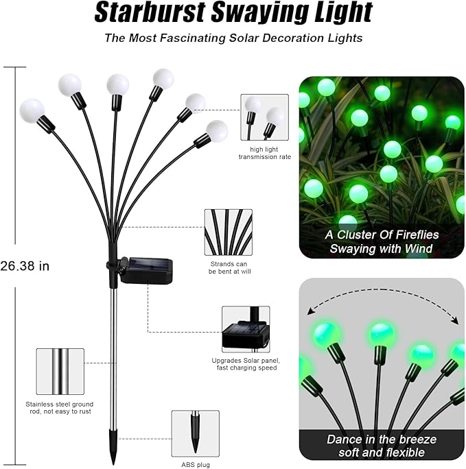Solar Firefly Light, Christmas Lights for Outside Decorations, 4 Pack 24 LED Green Solar Garden Lights, Outdoor Waterproof Garden Decor for Yard Patio Pathway Lawn Christmas-Ruum Studio Home